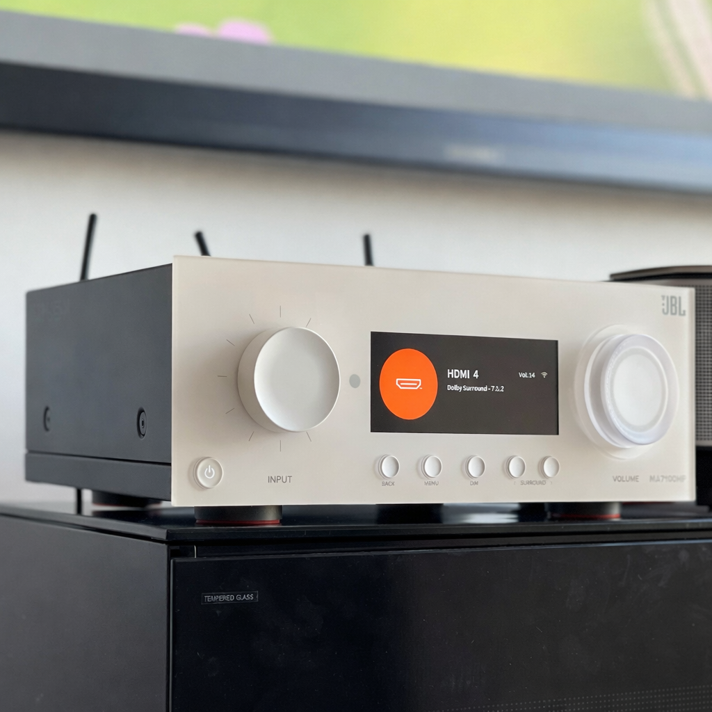 JBL MA7100HP Net AV Receiver with display and control knobs on a blurred background
