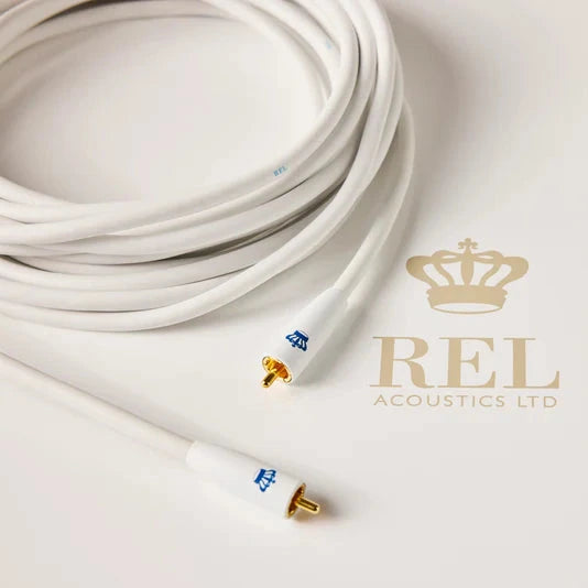 REL commander 0.1/lfe subwoofer cable with gold connectors on a light gray background, featuring the REL Acoustics Ltd logo.