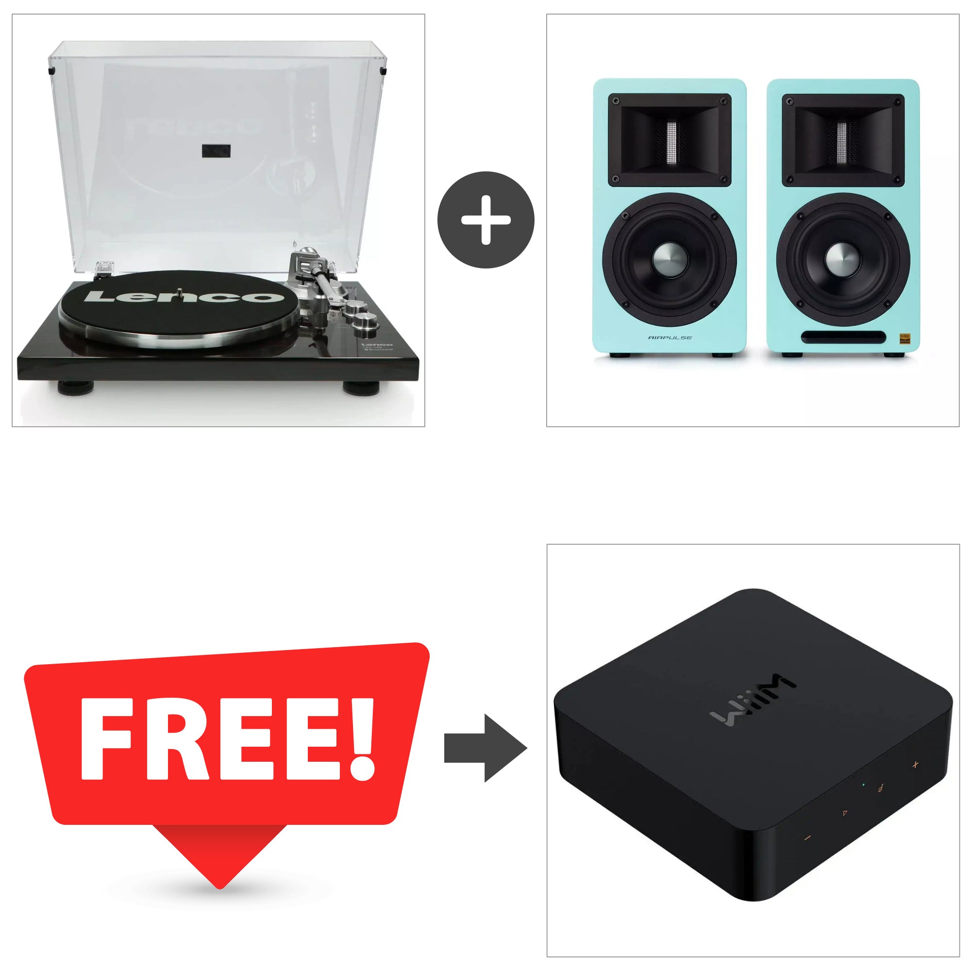 Lenco LBT-188 Turntable + Airpulse A80 Active Bluetooth Speakers + FREE WiiM Pro