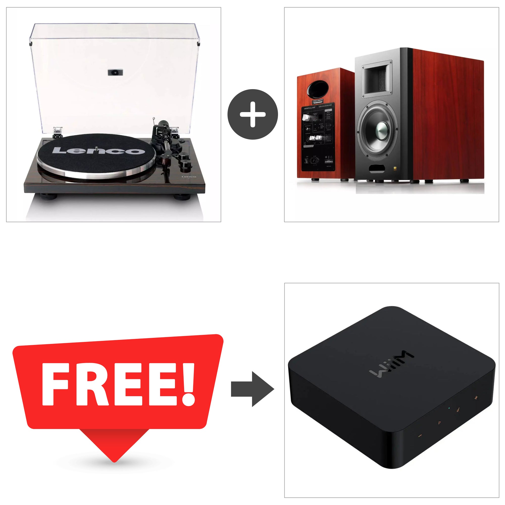 Lenco LBT-345WA Bluetooth Turntable + Airpulse A300PRO Dual Active HiFi Speakers + FREE WiiM Pro Plus