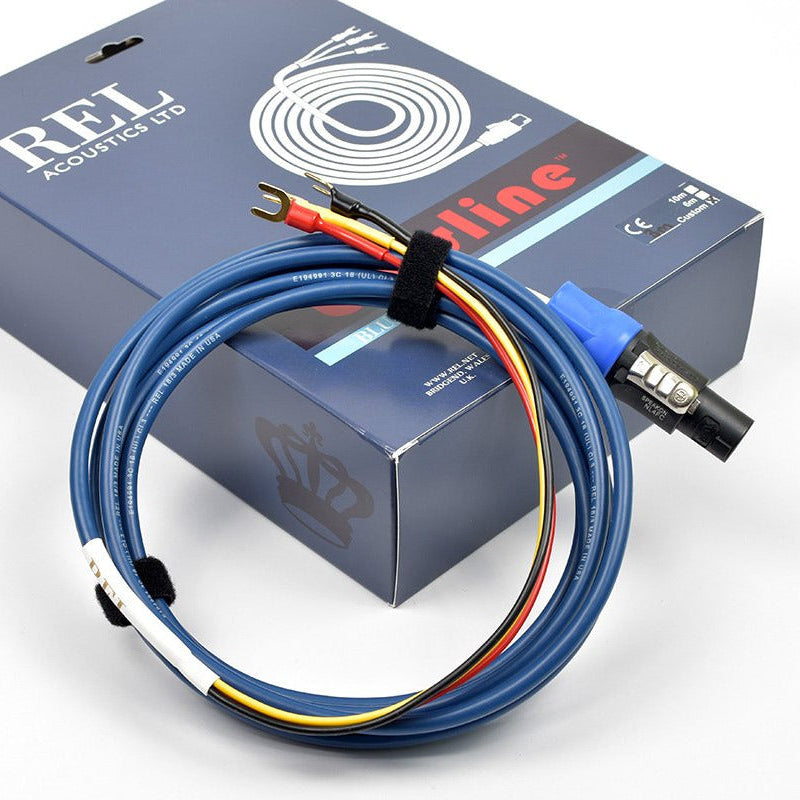 REL Bassline blue optimized for rel sub bass system with multicolored wires on a REL Acoustics branded box.