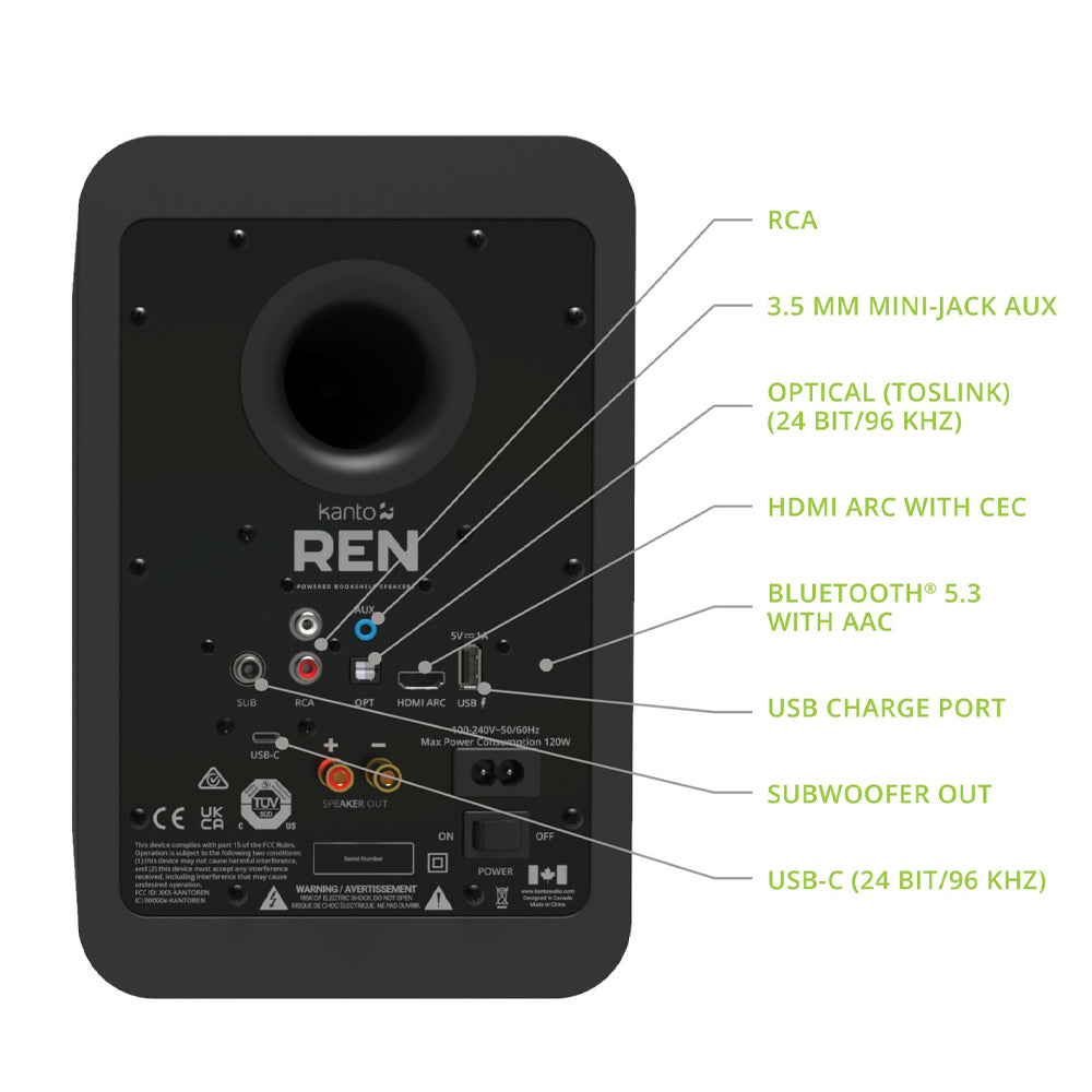 Kanto REN 200W Powered Bookshelf Speakers with HDMI ARC, USB-C, and Bluetooth 5.3 - Matte Black, Pair