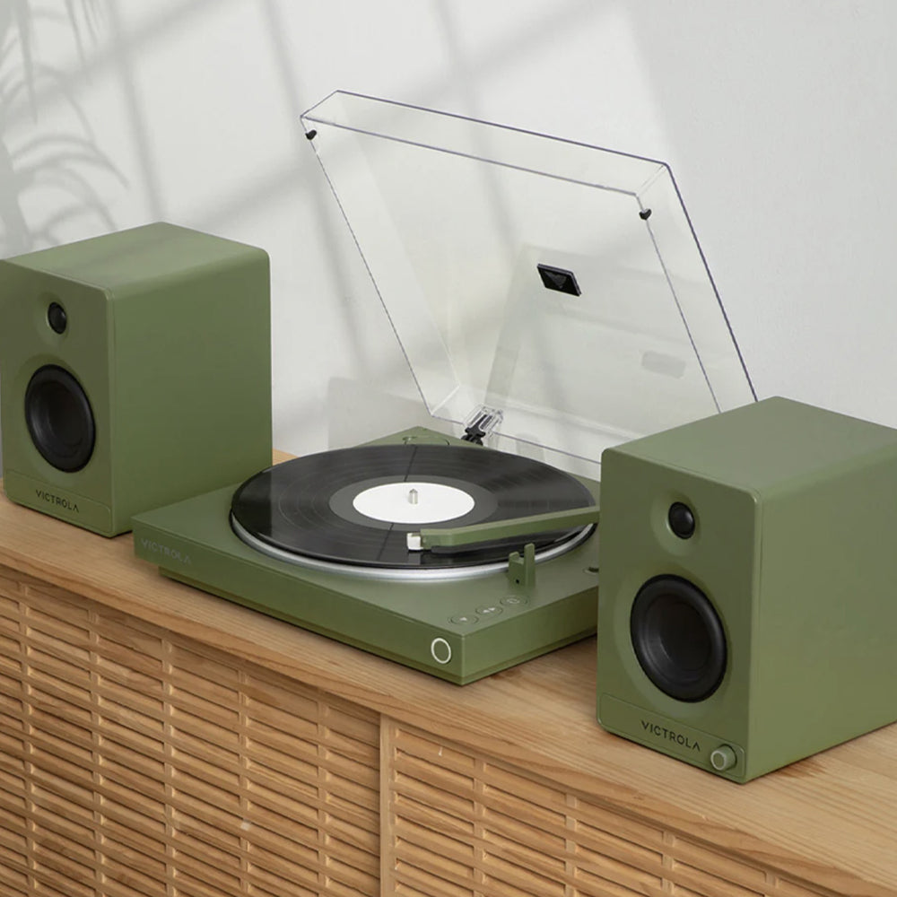 Victrola Automatic Turntable + Victrola Tempo Bookshelf Speakers Bundle - Green