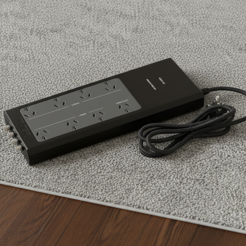 THIR P8 Prodigy 8-way Surge Protector with Elite Filtration with multiple outlets on a textured surface