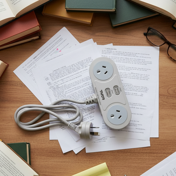 Thor C2 - Smartfilter with multiple outlets and USB ports on a desk with books and papers.