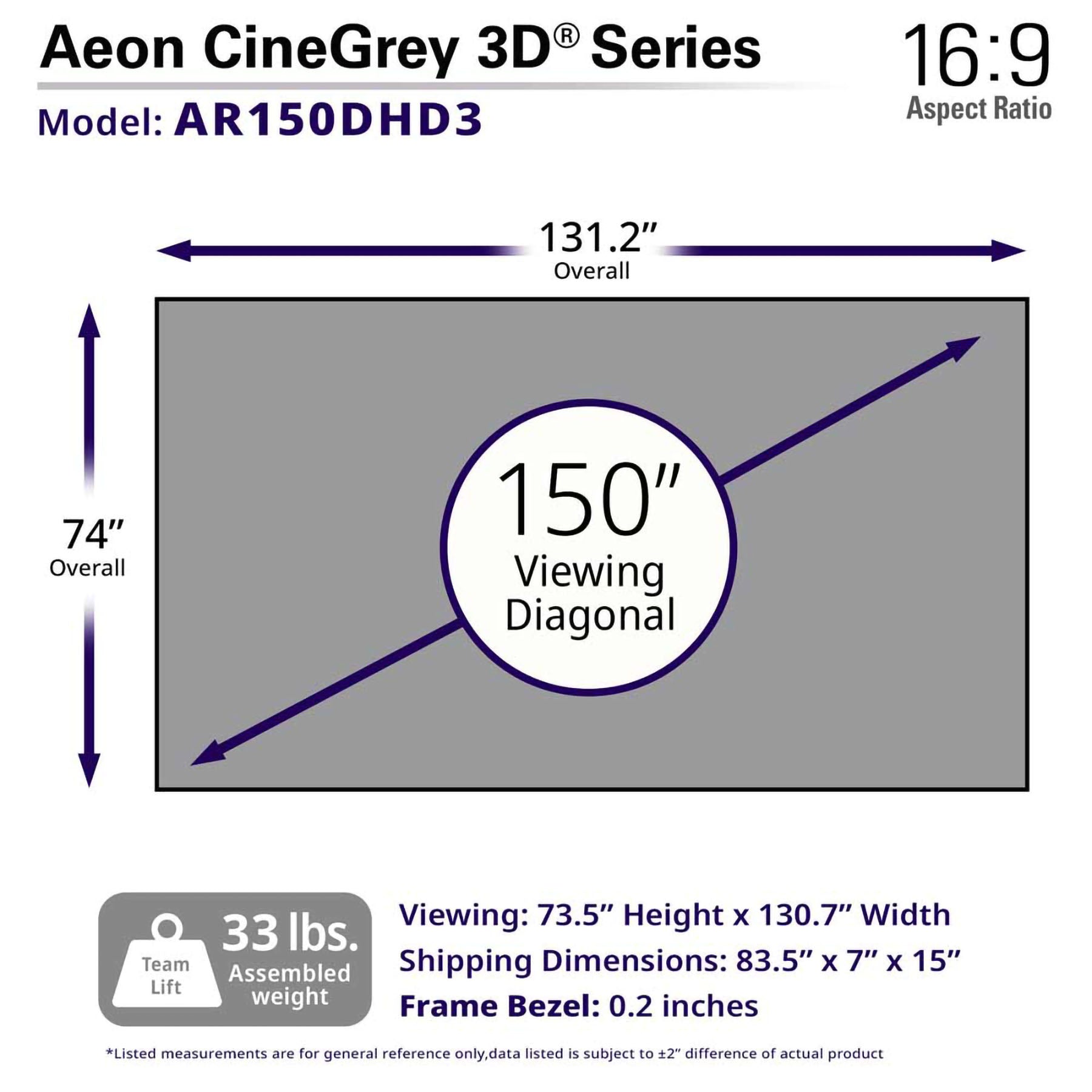 Elite Screens AR150DHD3 Aeon CineGrey 3D 150" 16:9 4K Fixed Screen with Edge Free Frame & Ambient Light Rejecting