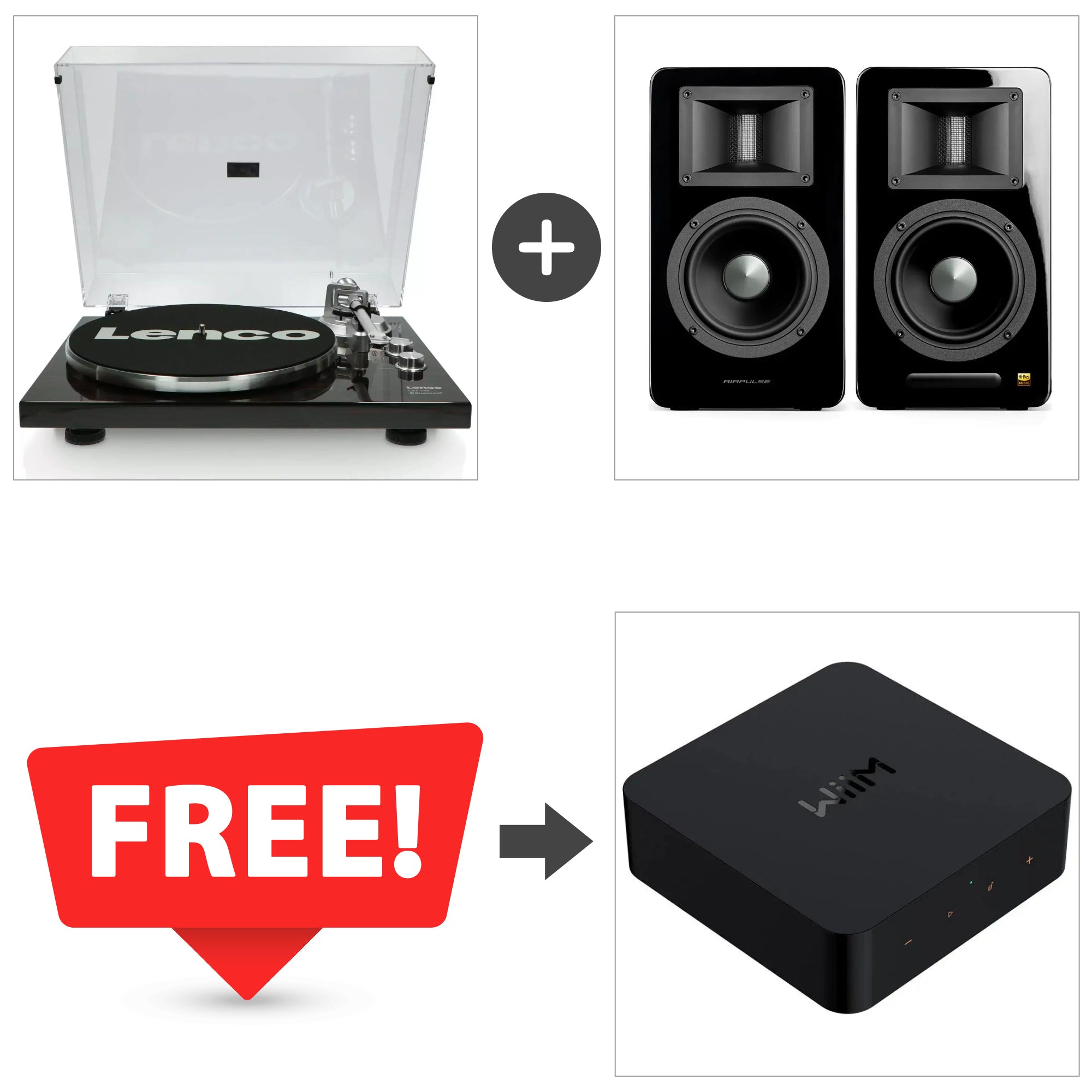 Lenco LBT-188 Turntable + Airpulse A100 Active Bluetooth Speakers + FREE WiiM Pro