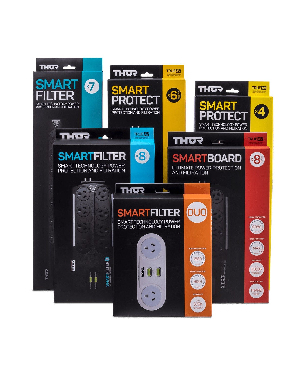 Collection of Thor smart technology power protection products in various packaging on a white background