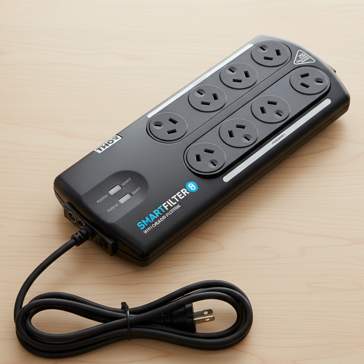 Thor B8+ Smartfilter with multiple outlets on a wooden surface