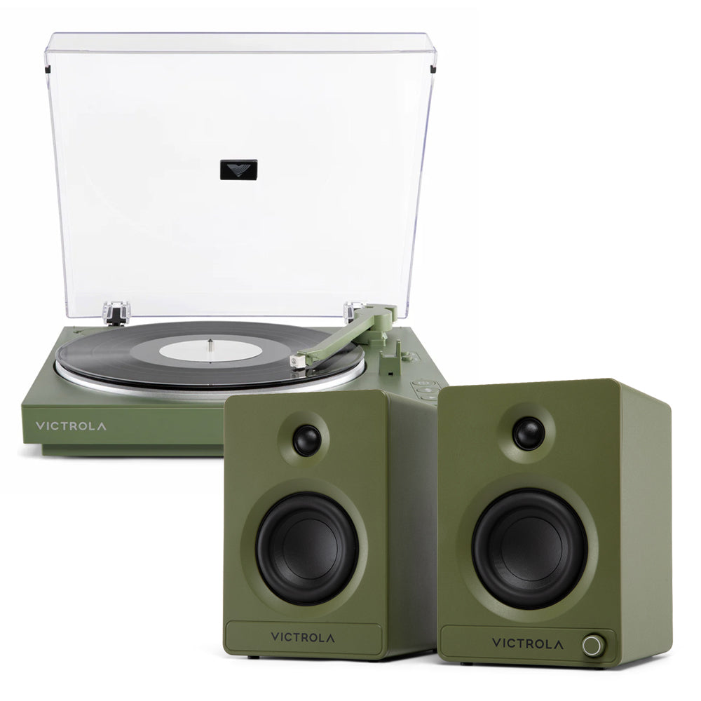 Victrola Automatic Turntable + Victrola Tempo Bookshelf Speakers Bundle - Green