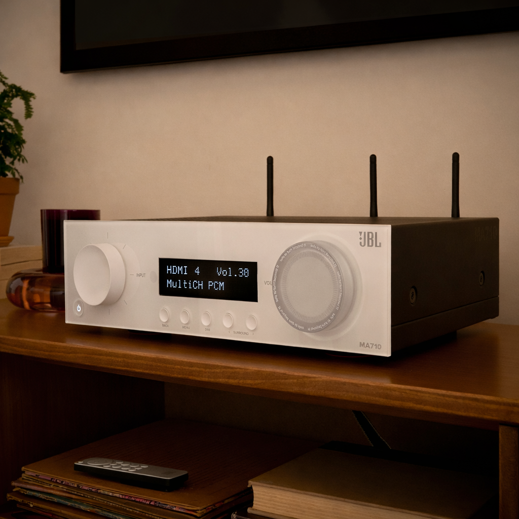 JBL ma710 net av receiver on a wooden shelf with a dimly lit background