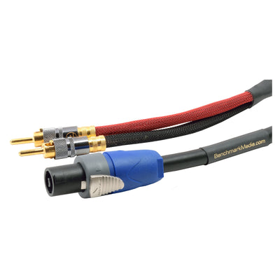 A close-up of Benchmark Star-quad NL2 to Locking Banana Speaker Cable with a blue Neutrik NL2 connector and a red locking banana plug alongside a black cable with a similar connector.