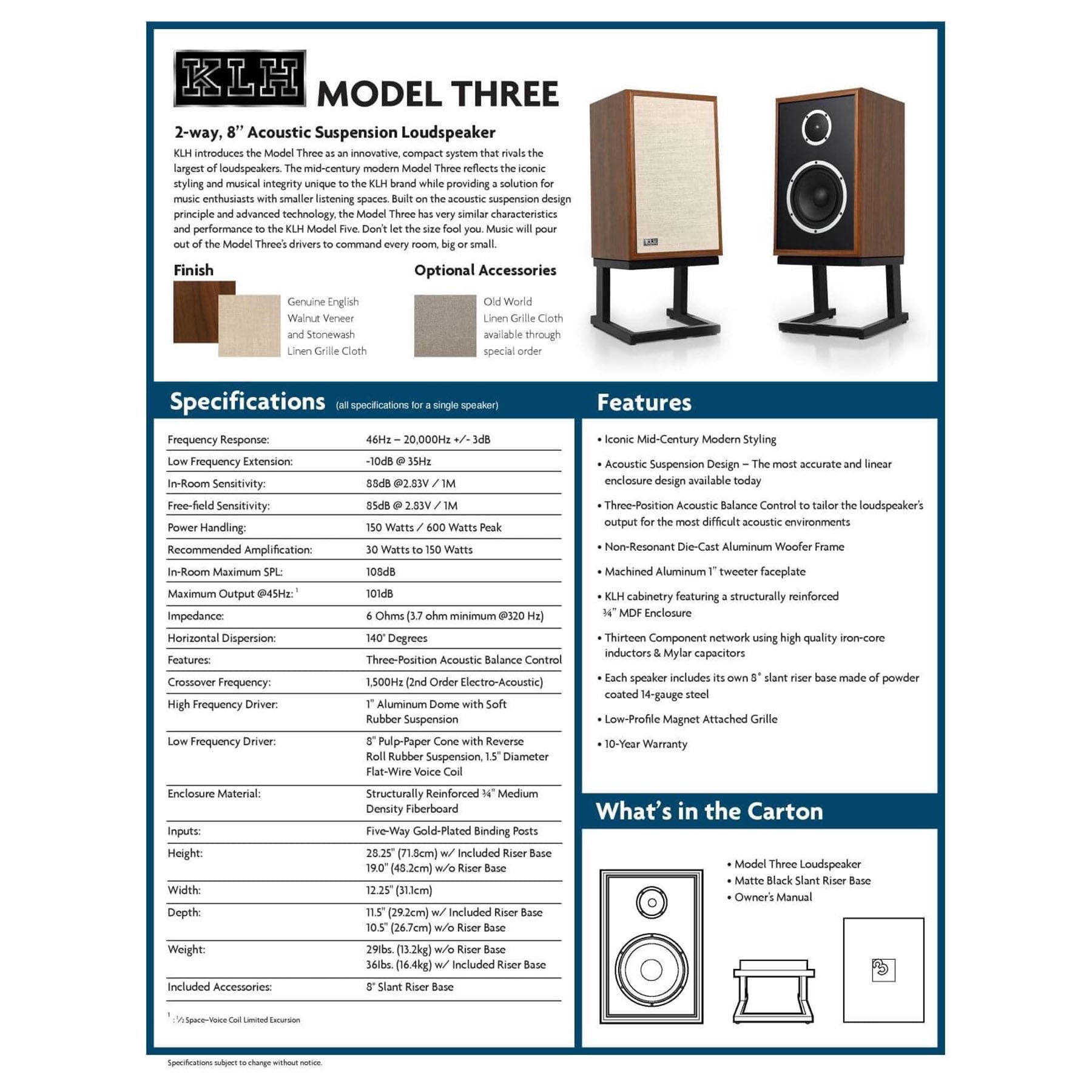 KLH Model Three Bookshelf Speakers - Pair